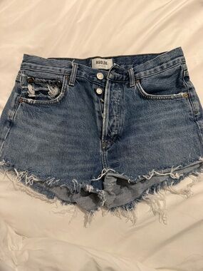 Agolde Frayed Hem High-Rise Jean Shorts in Blue Wash